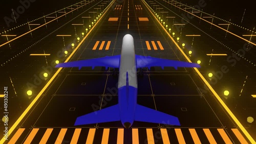 Gameplay of a flight simulator video game. White-blue plane on the emerging runway is preparing to take off. Futuristic abstraction technology, games and travel concept. CG generated. 3d animation 4K photo