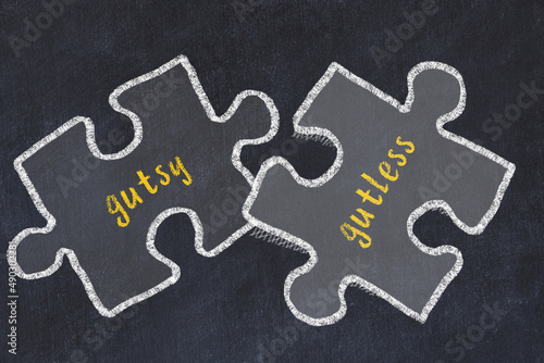 Cuadro en lienzo Chalk drawing of two puzzles with words gutsy and gutless