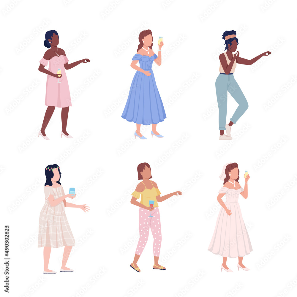 Ladies having fun semi flat color vector characters set. Standing figures. Full body people on white. Festive celebration simple cartoon style illustration for web graphic design and animation pack