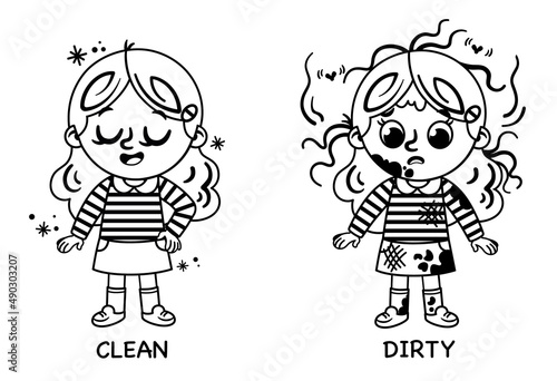 Educational illustration for kids that teaches the opposites of clean and dirty. Black and white vector illustration.