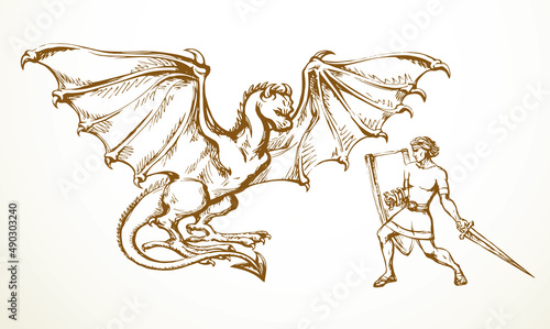 Man fighting the dragon. Vector drawing