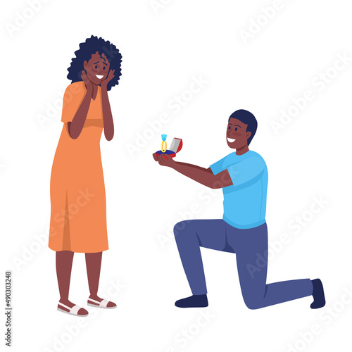 Man proposing to his beloved semi flat color vector characters. Posing figures. Full body people on white. Engagement simple cartoon style illustration for web graphic design and animation