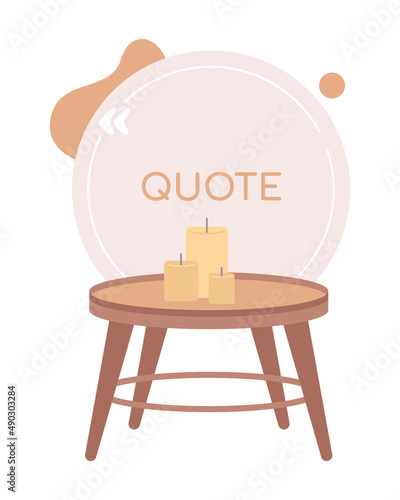 Hygge quote textbox with flat item. Scandinavian lifestyle and design. Speech bubble with creative cartoon illustration. Color quotation isolated on white background. Quicksand font used