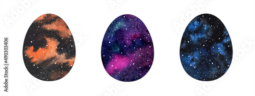 Watercolor vector egg shapes set, paschal illustrations. Cosmic, space, galaxy or night sky with stars backgrounds, text frames. Surreal graphic design elements. Dark colorful watercolour stains.