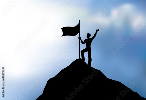 The man put the flag on the top of the mountain. Vector drawing