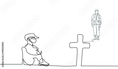 a soldier father dies and a boy thinks of his father in the grave and his father looks at his son from afar