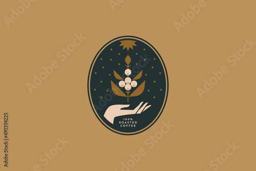 Logo template for a coffee shop or coffee house. Emblem with a hand holding a coffee tree sprout in an elegant frame. The concept of organic drinks. Vector illustration.