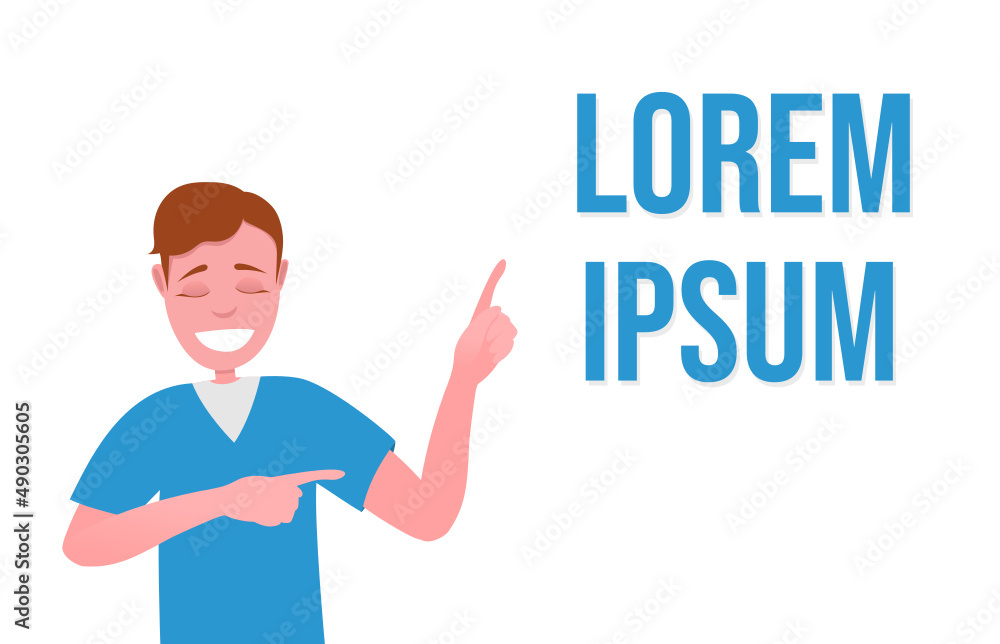 Smiling guy with closed eyes points his finger at the text. Vector illustration. Smiling guy with closed eyes points his finger at the text. Vector illustration.