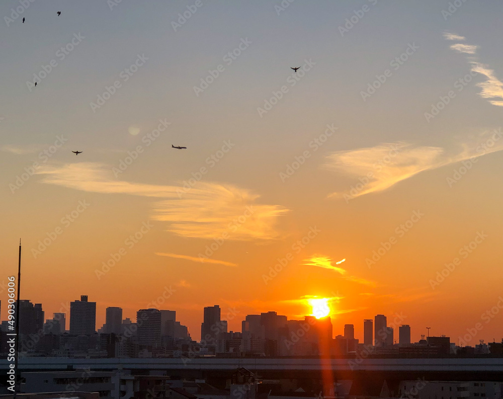 sunset over city