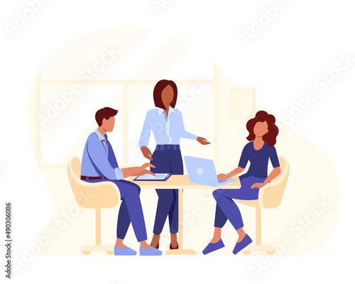 Boss with subordinates. Businesswoman explaining smth to colleagues during meeting. Office workers with tablet, laptop chatting. People work in office. Vector illustration isolated on white