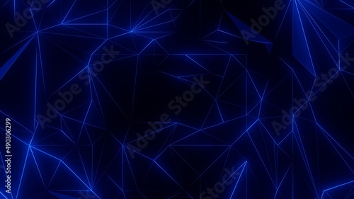 Abstract futuristic background with neon blue net. Dark crystal structure. 3d geometric pulsing pattern. Motion background. 3D Render