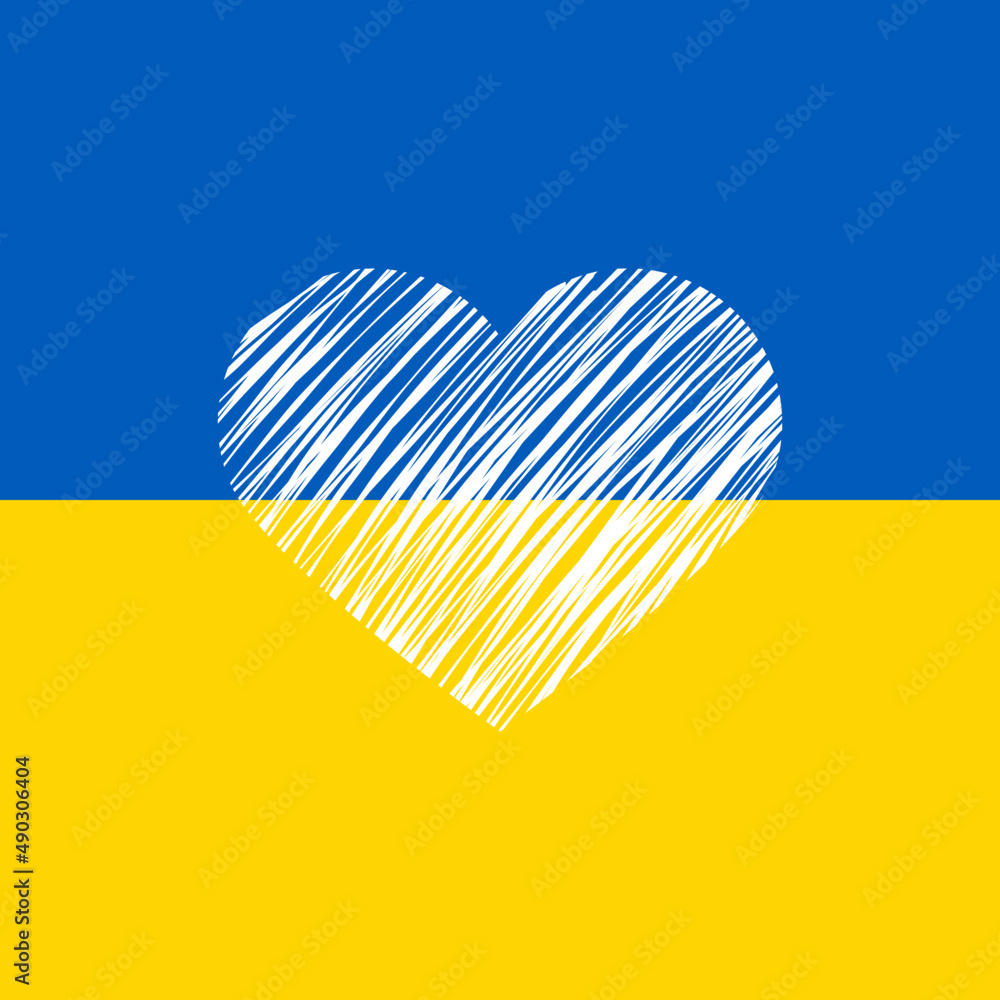 Ukraińska flaga i białe serce. Powiedz "NIE" wojnie. Modlitwa za Ukrainę. - obrazy, fototapety, plakaty 