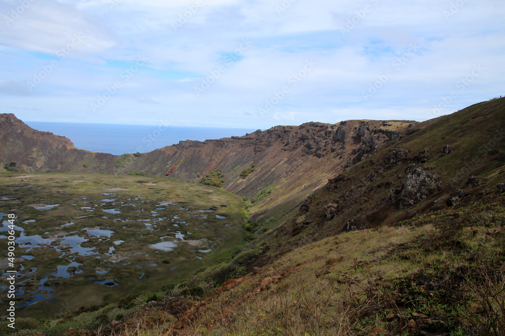 Rano Kau volcano caldera, Easter Island. The Rano Kao is an extinct shield volcano in the southwest of Easter Island.