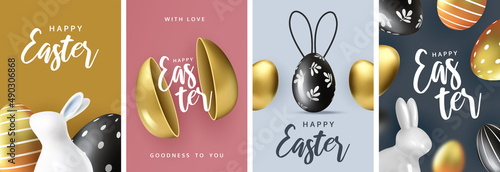 Easter greeting posters, holiday covers, cards, flyers design.Modern minimal design  with eggs and  rabbits for social media, sale, advertisement, web.