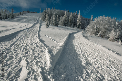 Fototapeta Naklejka Na Ścianę i Meble -  Beskids mountains in winter, Polish touristic region is Silesia, near Bielsko-Biala