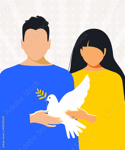 Peace to Ukraine. A man and a woman are holding a white dove symbol of peace and dressed in the colors of the national flag, yellow and blue. Vector.