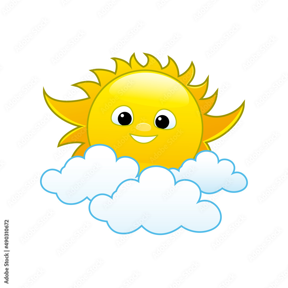 Cheerful sun icon with clouds on white background. Cheerful sun icon with clouds on white background.