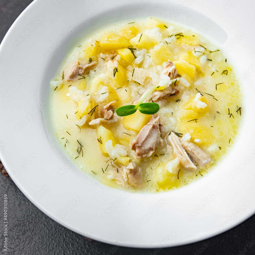 chicken soup meat rice first dish vegetable broth fresh meal food diet snack on the table copy space food background chicken soup meat rice first dish vegetable broth fresh meal food diet snack on the table copy space food background