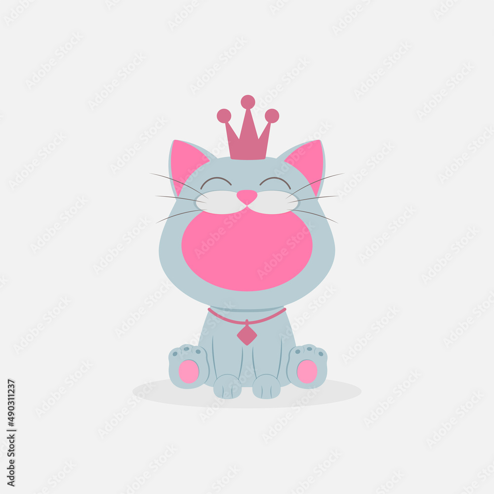 Funny cat with a crown on his head, character, vector illustration in a flat style