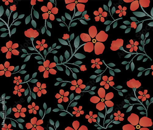 Watercolor style red flower blossom. Beautiful hand drawn floral pattern on black background.