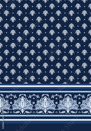 Boho damask elements with dots seamless repeat pattern with striped border print. Vector, traditional ethno elements all over print with floral paisley bottom frame in blue and white.