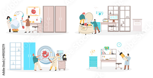Scientist conducts scientific researches, virology in lab, holding vaccine, syringe and wearing medical suit. Coronavirus vaccine complete development. Medicines for treatment, doctor with injection