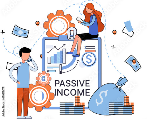 Passive income, interest on deposits, dividends, investing, online monetization. Getting profit, money from investments. Idea of financial growth and business development, successful investor