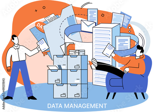 Data management metaphor, privacy media center, business protection, rational storage of information, digital privacy. Efficient data manager, cost-effective safe organization, storage and use of data