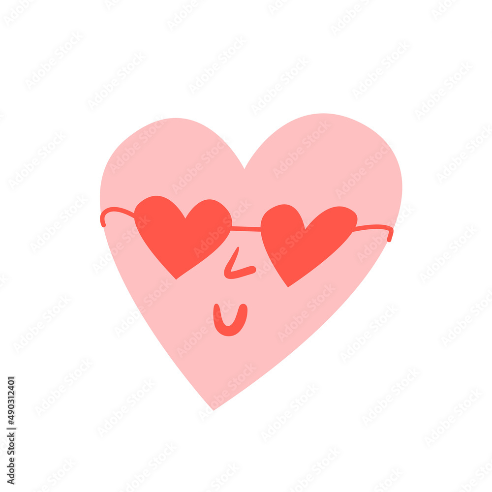 Pink heart with heart glasses. Cute funny face. Vector illustration on isolated background