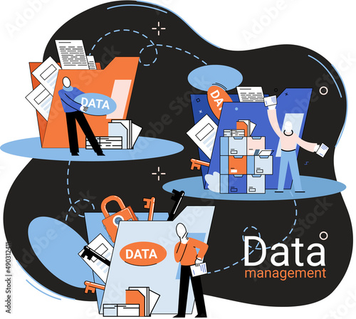 Data management metaphor, privacy media center, business protection, rational storage of information, digital privacy. Efficient data manager, cost-effective safe organization, storage and use of data
