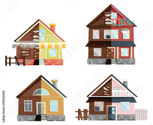 Home renovation, house before and after repair. New and old suburban cottage. Remodel construction. Old run-down house remodeled into cute traditional suburban cottage. Building maintenance service