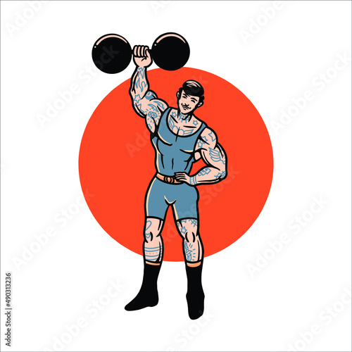 strong man circus tattoo vector design