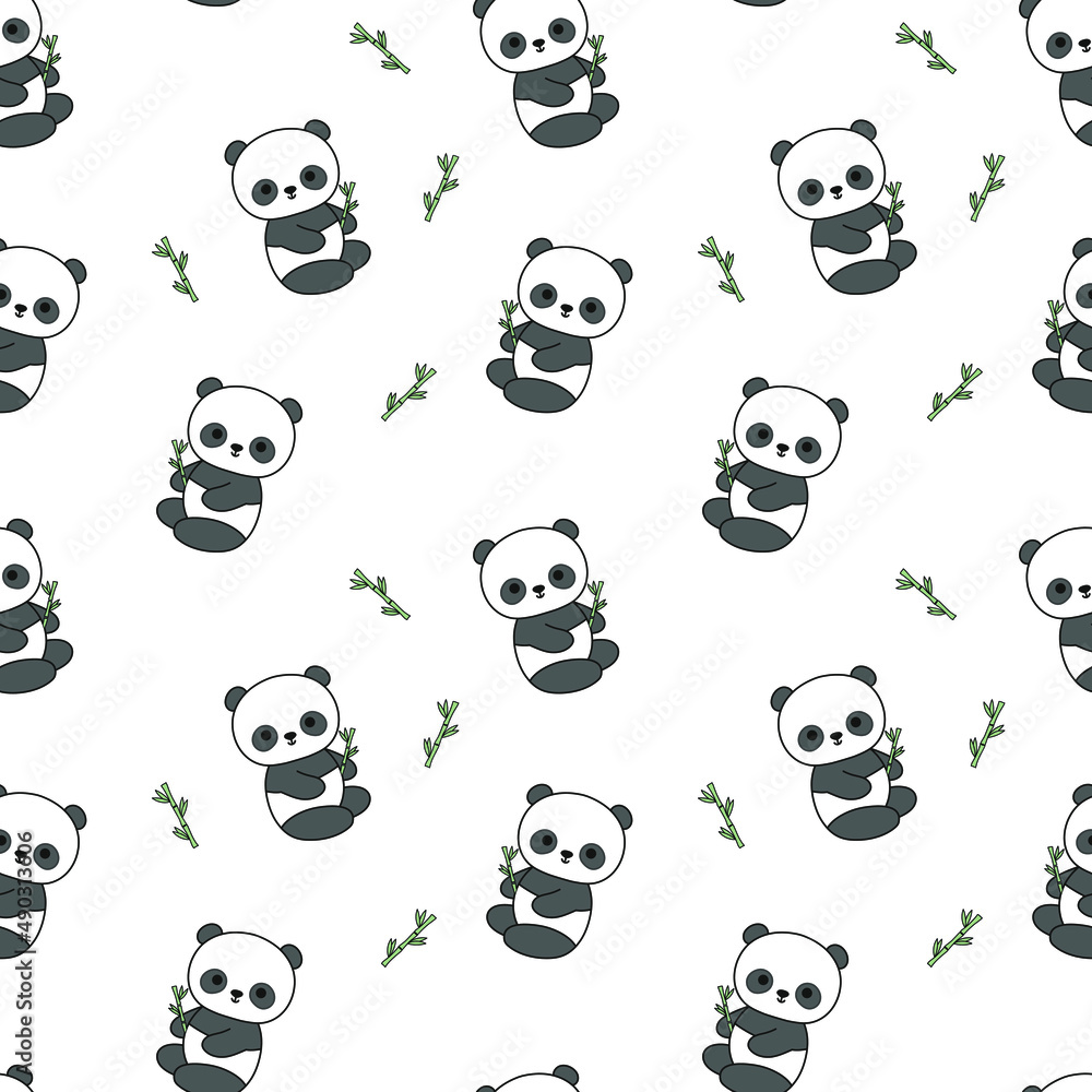 Cute bear seamless vector pattern, panda with bamboo background