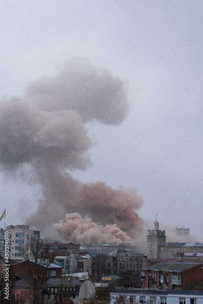 An explosion from an air bomb in the center of the city of Kharkov, the metro station Constitution Square. Photo taken March 2, 2022