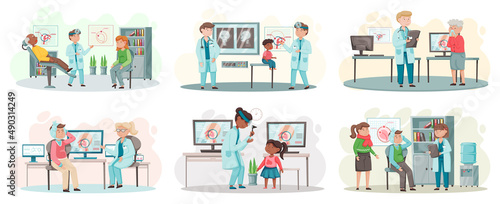 Otolaryngologist doctor with nose, ear and throat or ENT diagnostic and treatment instruments. Otology doctor with patient. Otorhinolaryngology healthcare medicine or otolaryngology diseases
