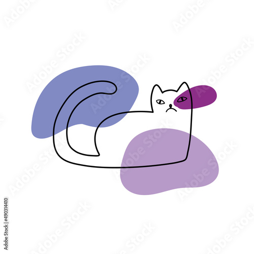 Simple hand drawn cat. Playful kitten and abstract modern shapes in very peri color isolated on white background.