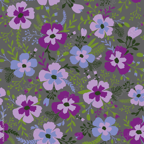 Violet flowers and green leaves seamless vector patternon on grey background. Trendy very peri color