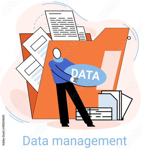 Data management metaphor, privacy media center, business protection, rational storage of information, digital privacy. Efficient data manager, cost-effective safe organization, storage and use of data