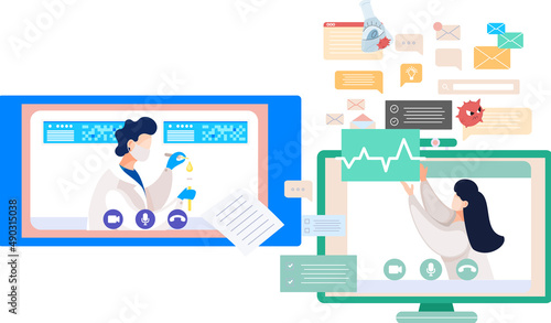 Online doctor conference, consultation via your smartphone. Concept for medical app and websites. Remote meetings of scientists conferring on fight against viruses and scientific researches