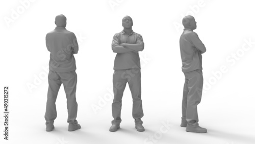 3D rendering of a casual man front side and back view. Arms crossed Computer render model isolated silhouette.