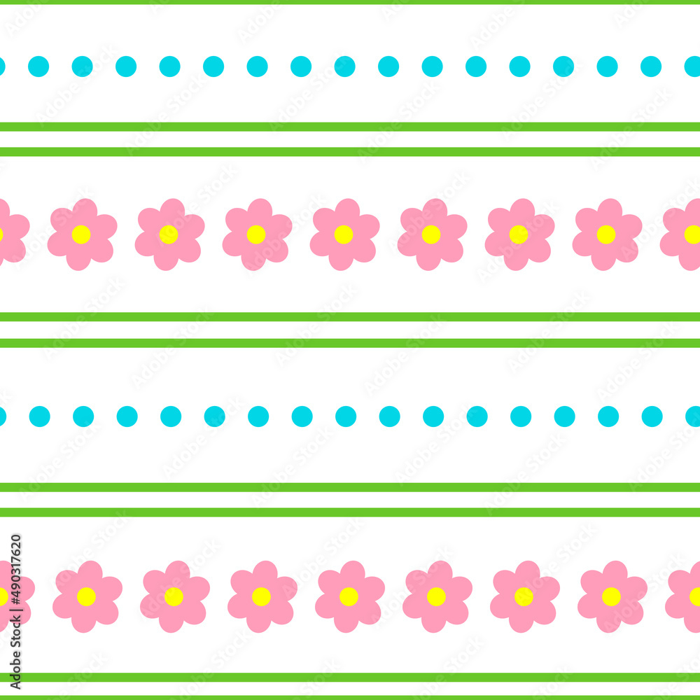 Seamless pattern multicolored flowers stripes dots vector illustration