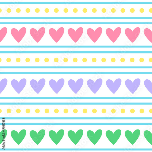 Seamless pattern multicolored hearts stripes dots vector illustration