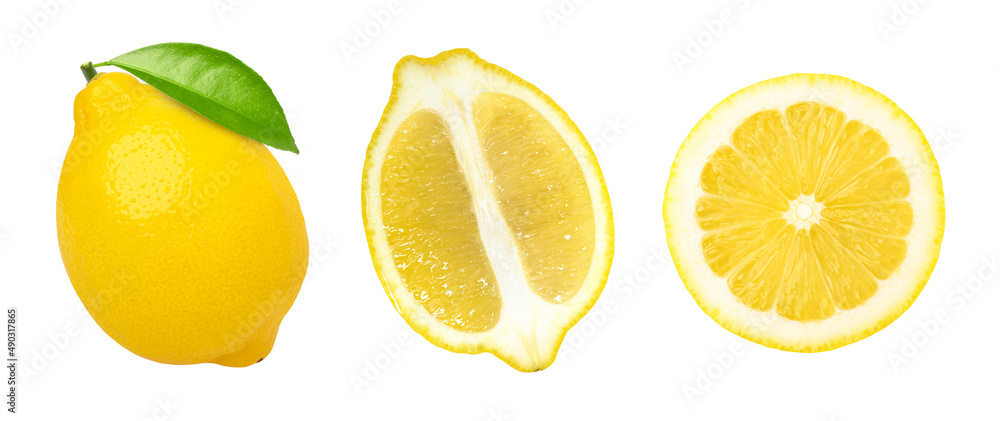 lemon fruit with leaves and half isolated on white background, Fresh and Juicy Lemon lemon fruit with leaves and half isolated on white background, Fresh and Juicy Lemon