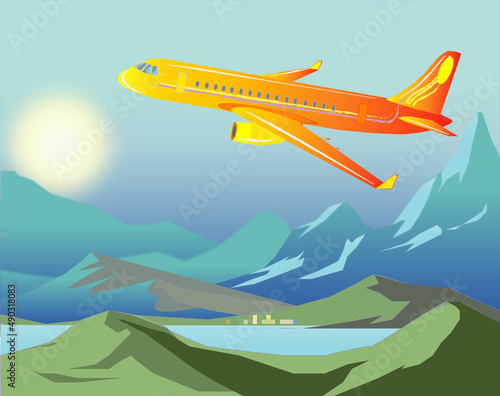 Travel time poster . Vector graphic with the airplane . 