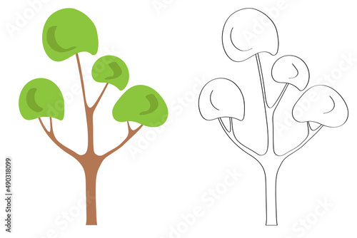Tree with green leaves, flat vector cartoon illustration. Template for creating landscape summer design solutions, doodle contour drawing for children's coloring.
