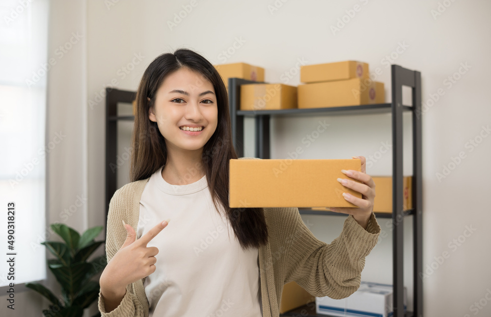 Beautiful young asian entrepreneur standing pose. Female small Business owner with box working at home. Startup freelance people with many parcel on background. Beautiful young asian entrepreneur standing pose. Female small Business owner with box working at home. Startup freelance people with many parcel on background.