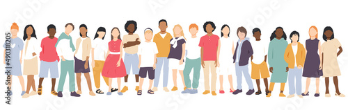 Children of different ethnicities stand side by side together. Flat vector illustration.