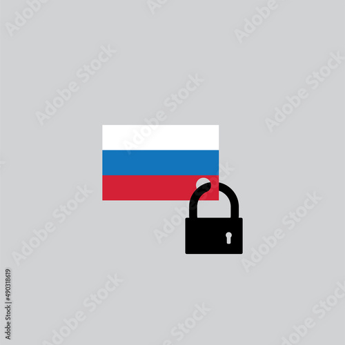 The flag of Russia with a castle, sanctions against the aggressor, blocking the invaders are depicted