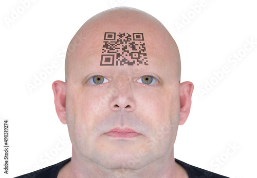 Futuristic rendering of a man's face with a QR code on his forehead. Conceptual image of control of the population. The QR code contains the text "Generic QRCode"