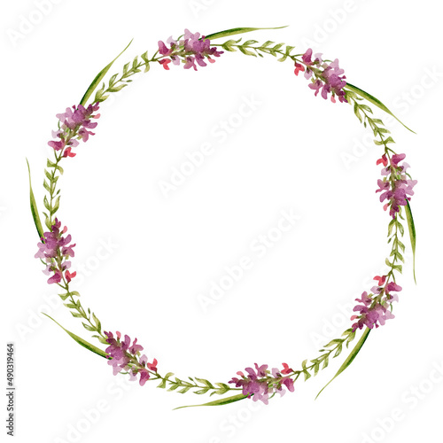 Original round frame, a wreath in the Provence style of lavender flowers. There is a place for your text. The watercolor illustration is made by hand